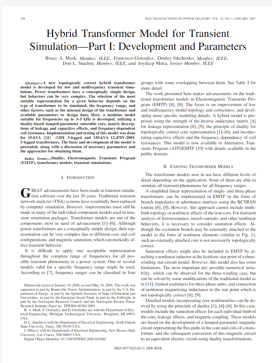 Hybrid Transformer Model for Transient Simulation—Part I Development and Parameters