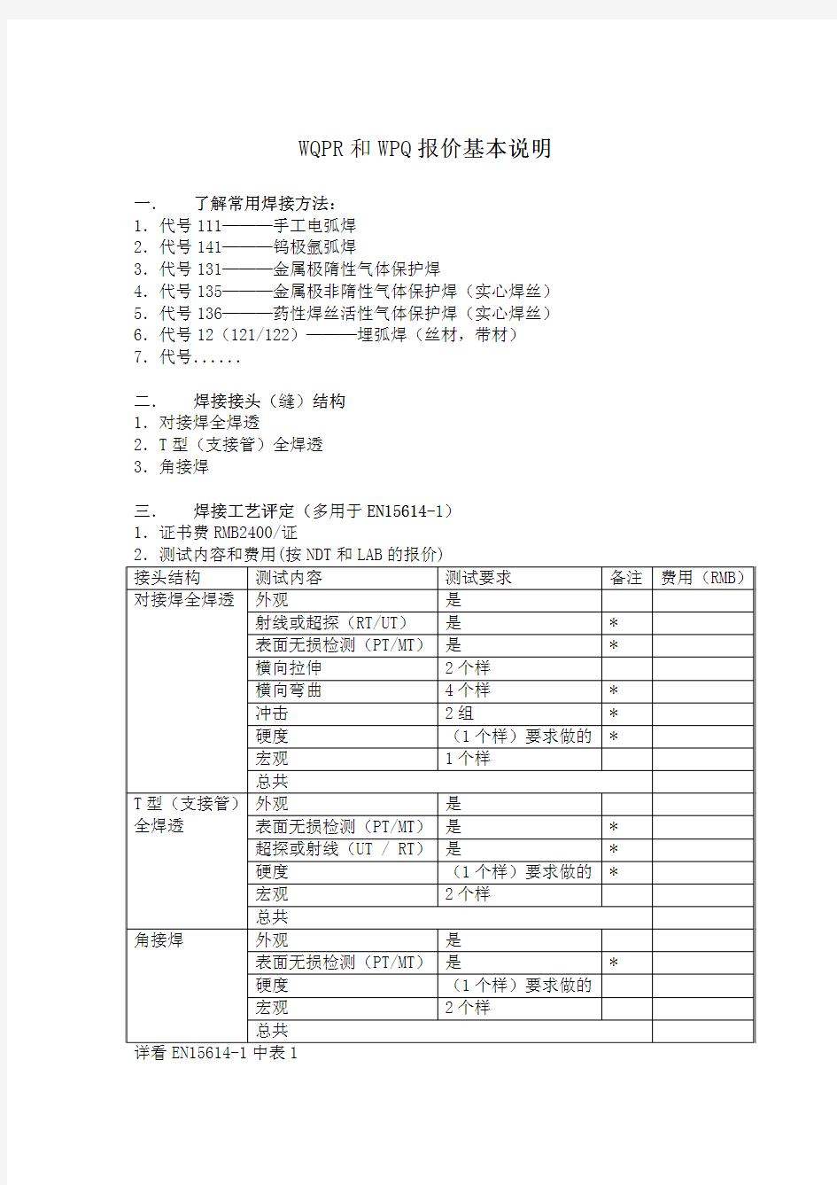 EN焊接工艺评定和焊工考试报价说明