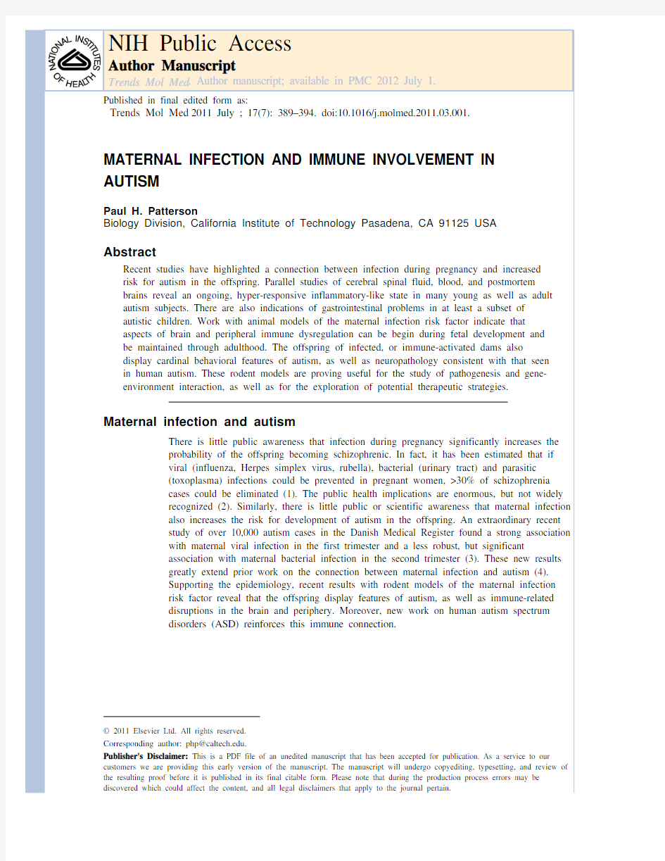 MATERNAL INFECTION AND IMMUNE INVOLVEMENT IN AUTISM