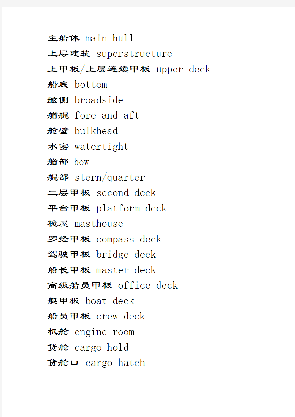 中英文对照船体结构用语