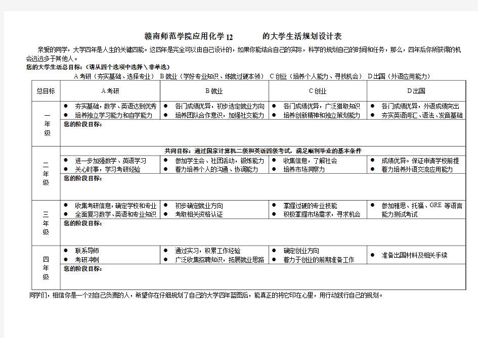 个人大学四年职业生涯规划表