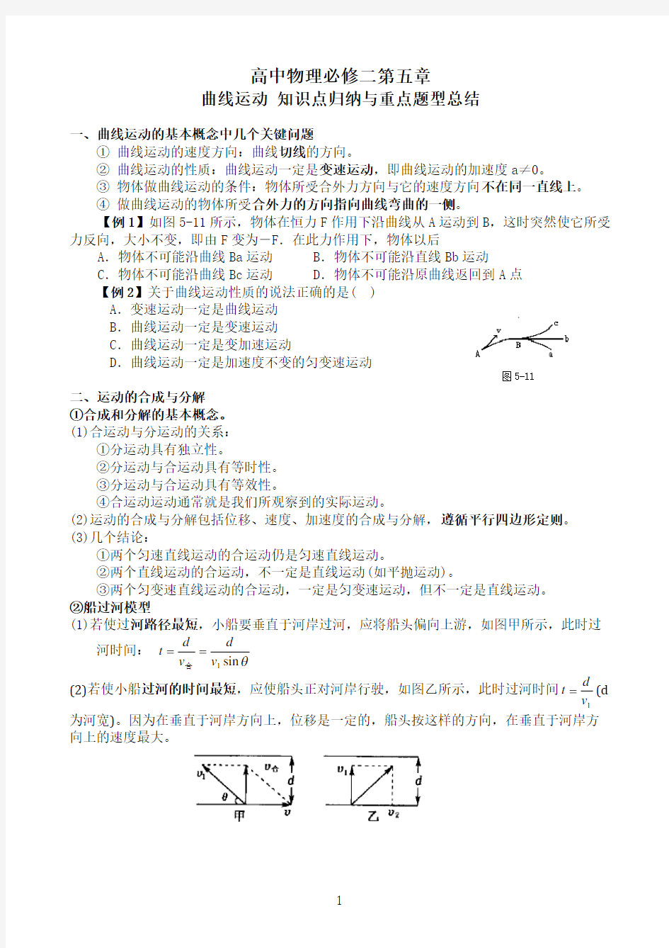 必修二第五章曲线运动 知识点归纳与重点题型总结