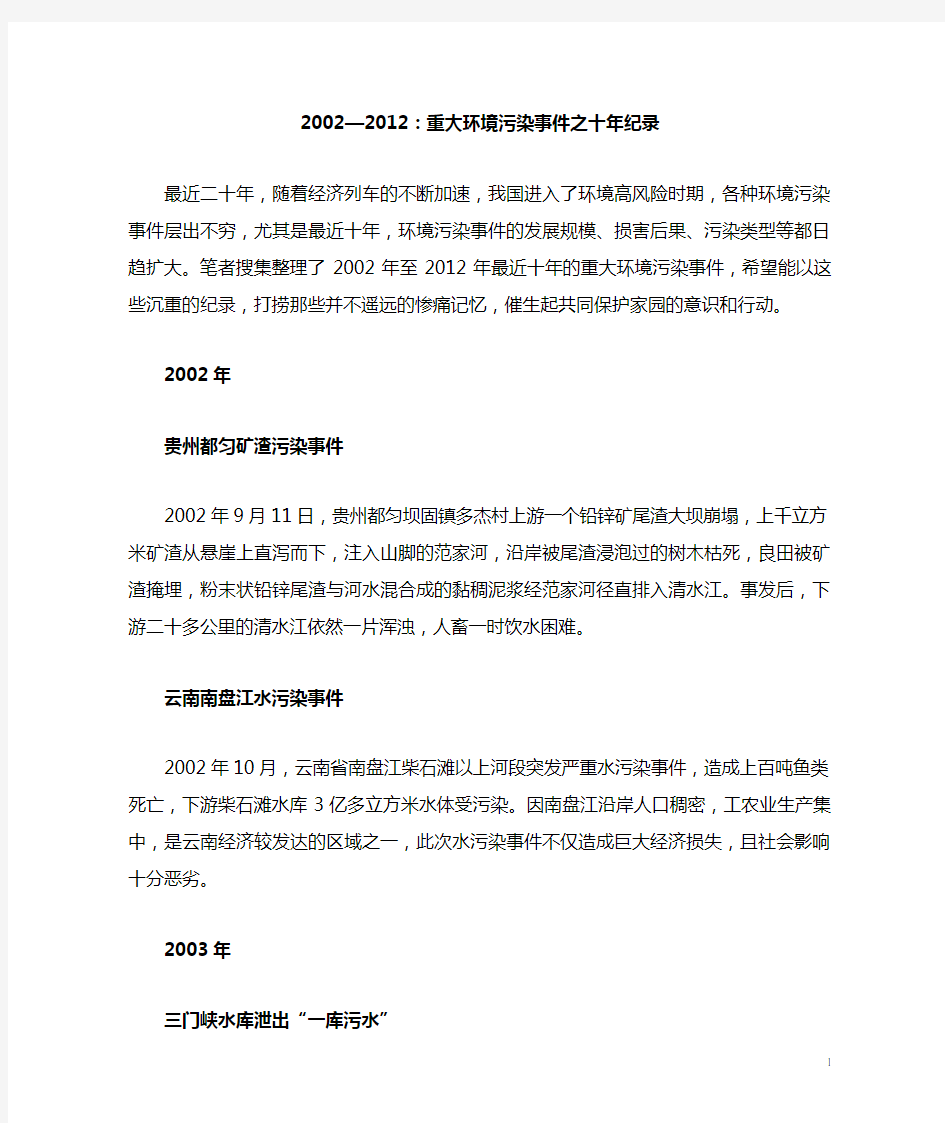 重大环境污染事件之十年纪录