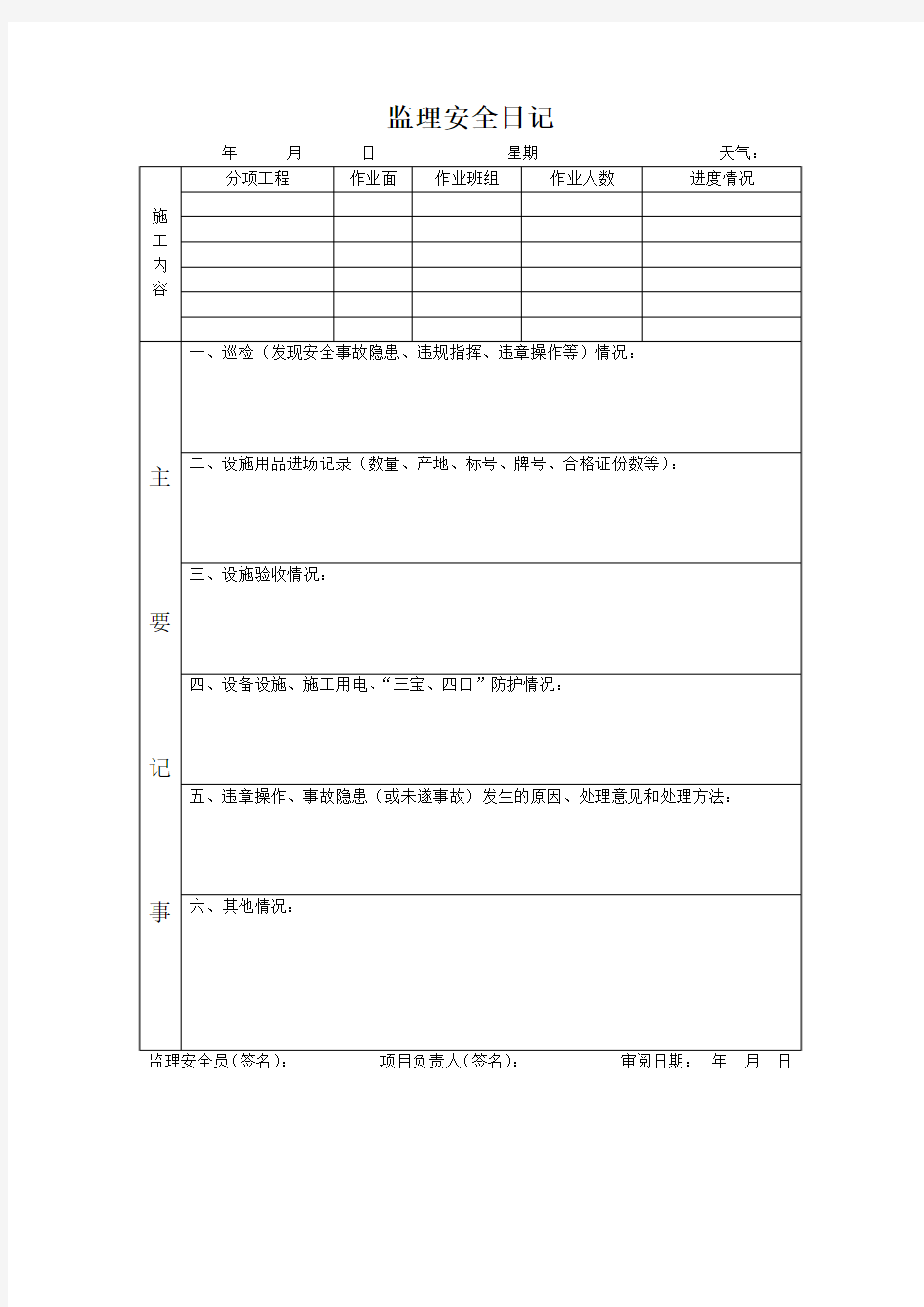 监理安全日记表格