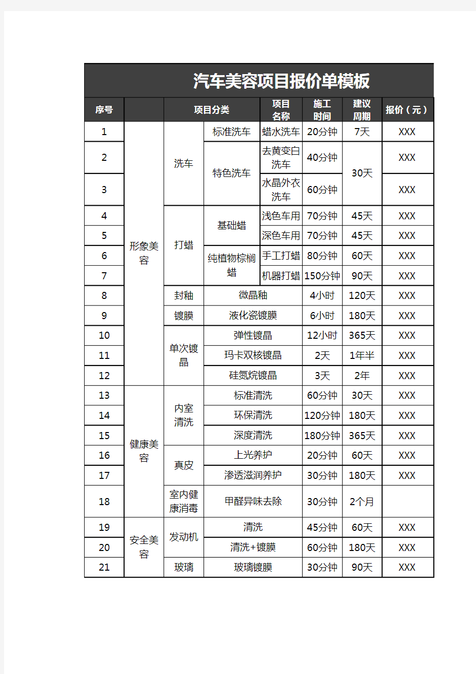 汽车美容项目报价单模板