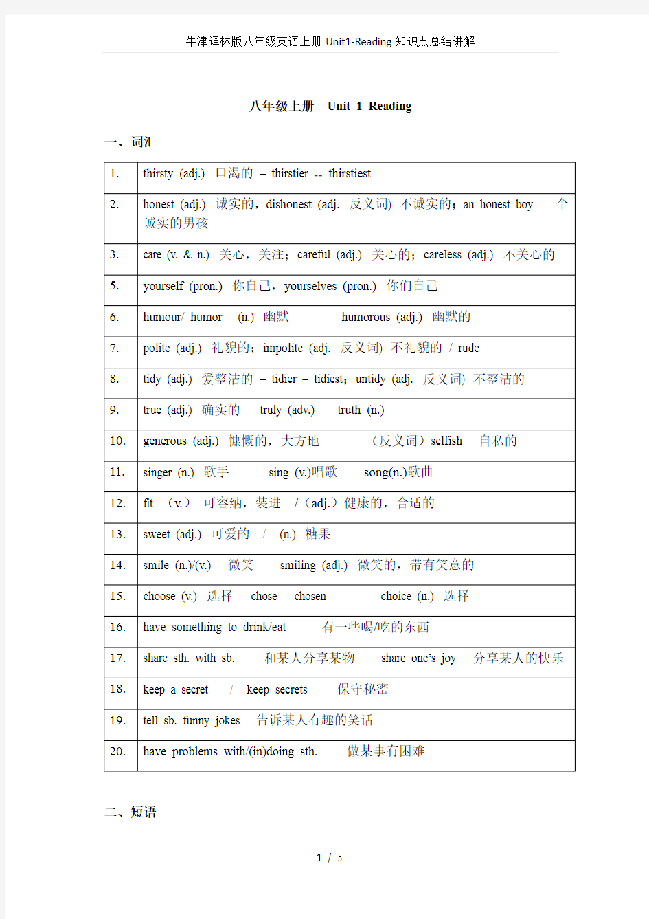 牛津译林版八年级英语上册Unit1-Reading知识点总结讲解