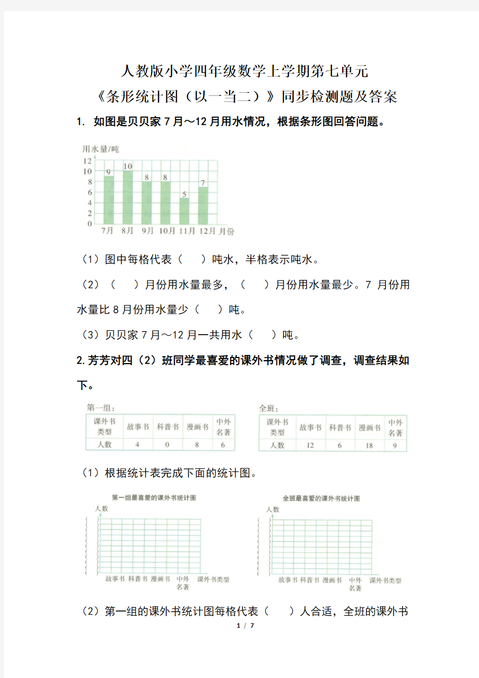 人教版小学四年级数学上学期第七单元《条形统计图(以一当二)》同步检测题及答案(含三套题)