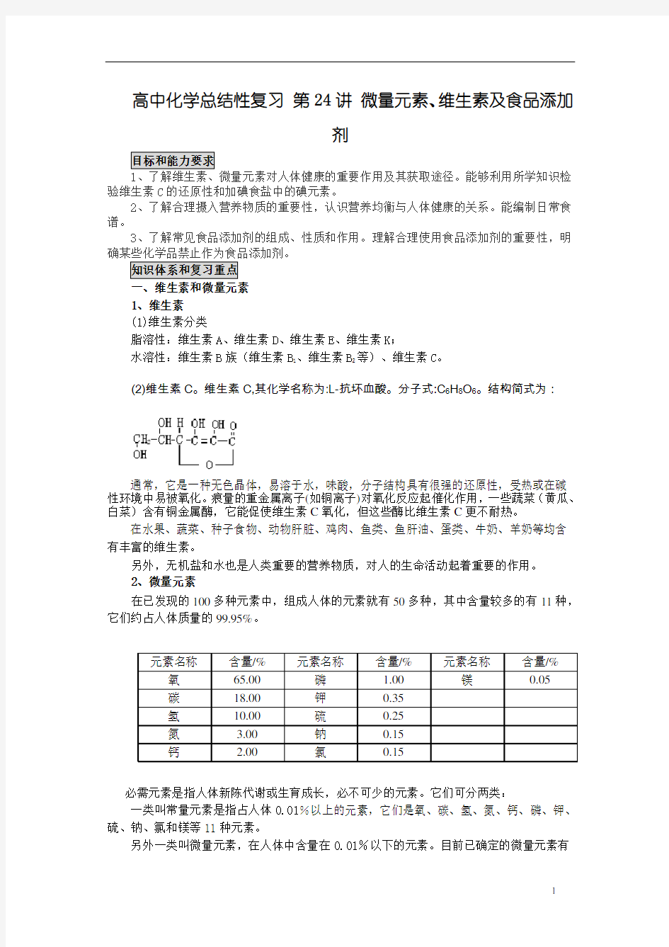 高中化学知识点解析-24-微量元素、维生素及食品添加剂(通用)