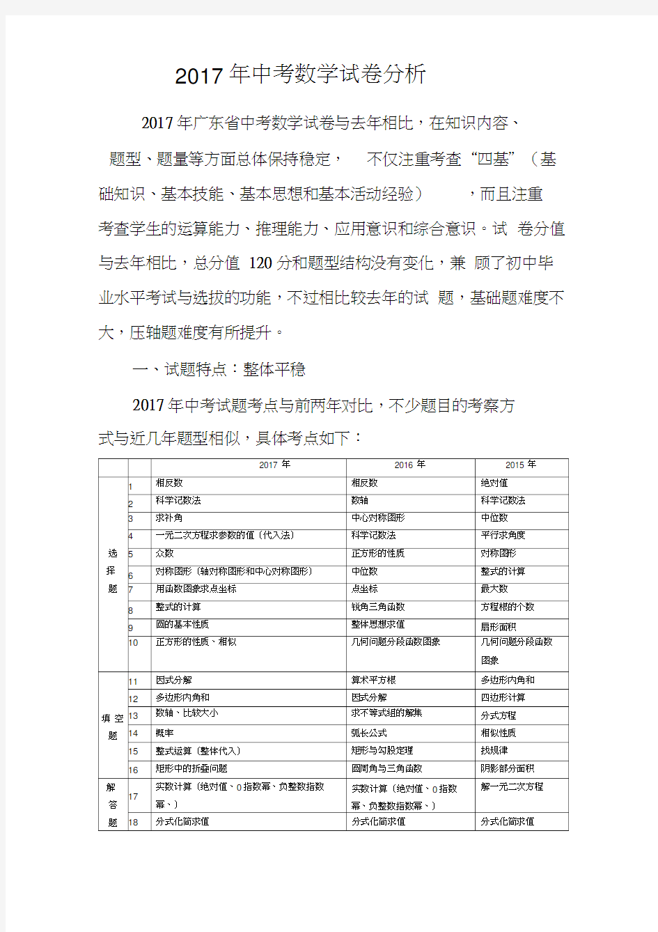 2017年中考数学试卷分析