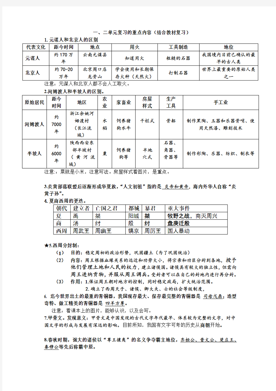 初中历史七年级上册 第一二单元复习重点内容梳理