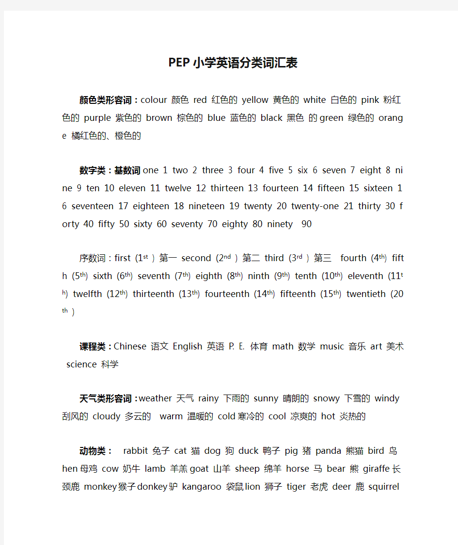 PEP小学英语分类词汇表