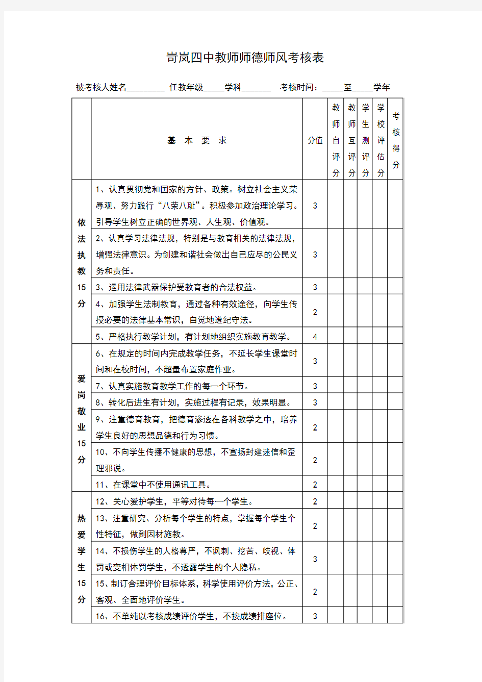 教师师德师风考核表