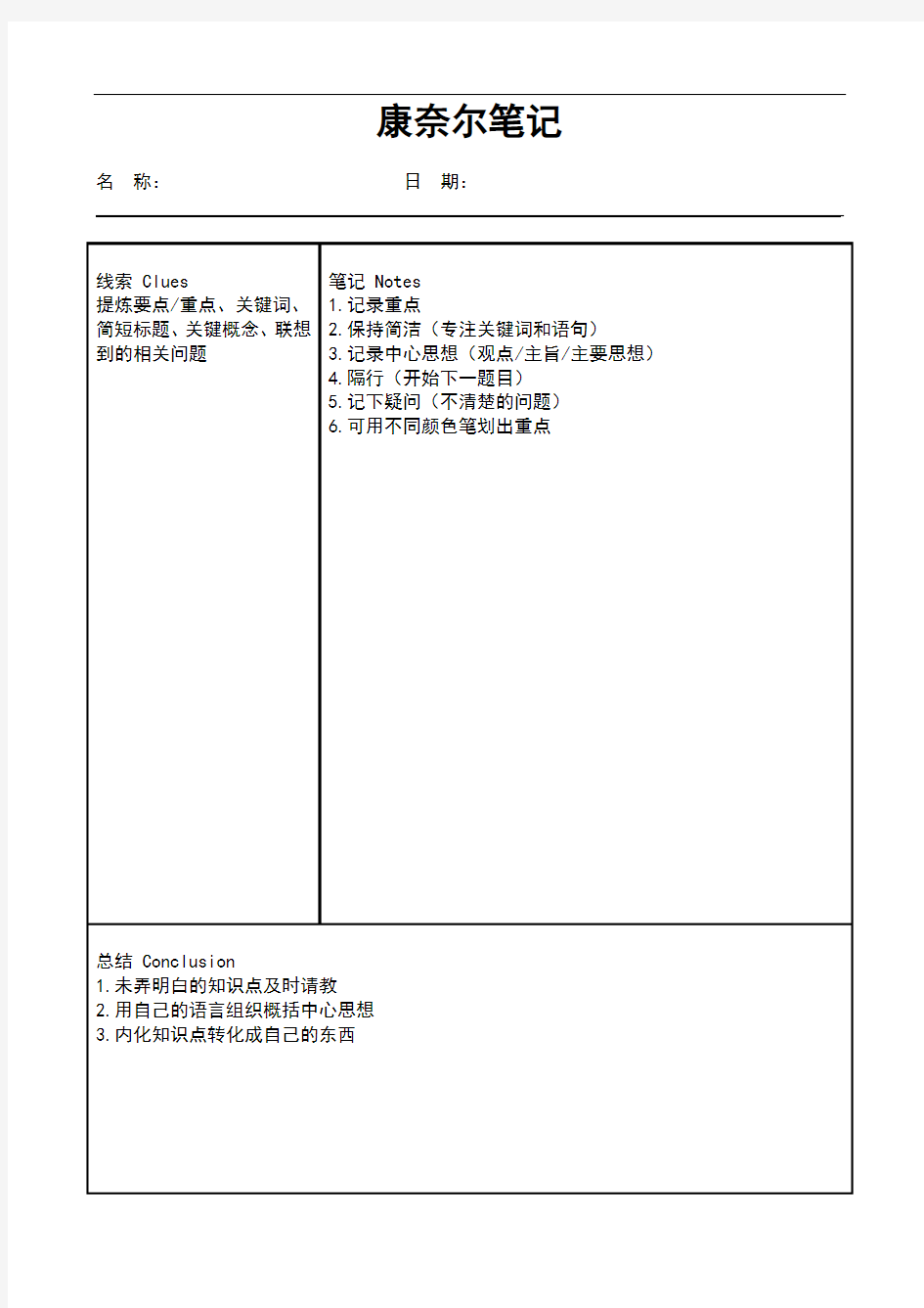 康奈尔笔记模板