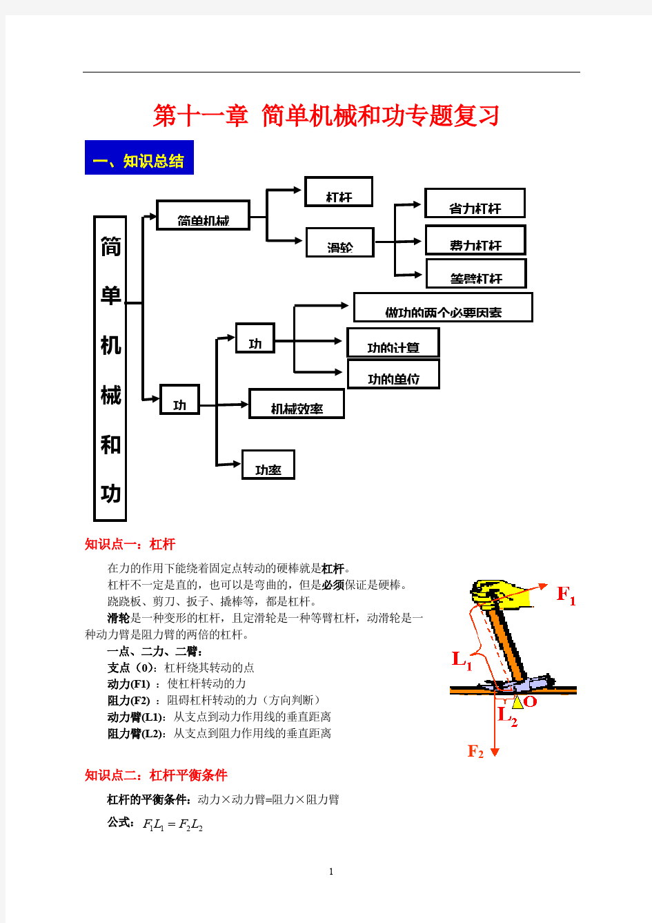 九年级物理--简单机械和功知识点及练习题(附答案)