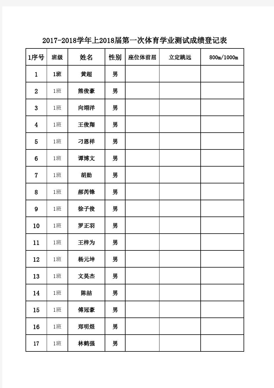 2017-2018上2018届体育考试录入成绩表