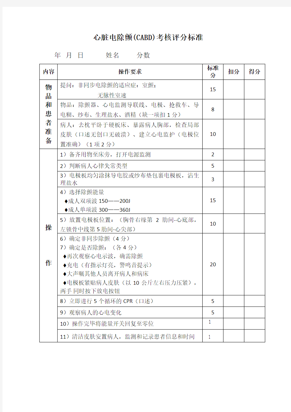 心脏电除颤考核评分标准