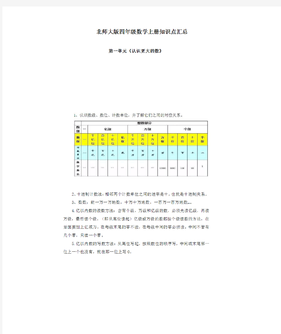 北师版四年级上册数学知识点汇总