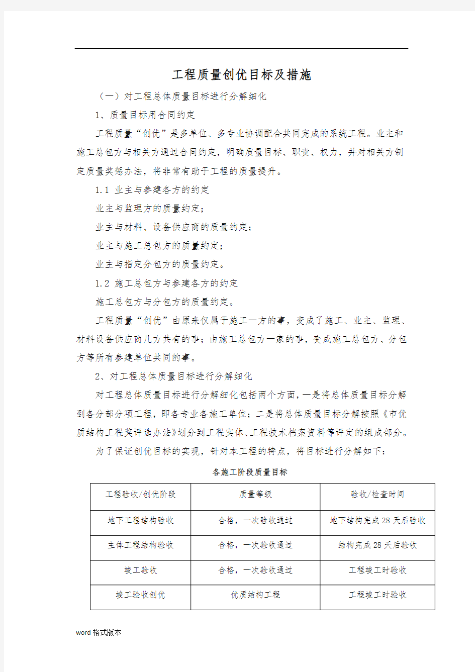 质量计划目标和质量保证措施方案