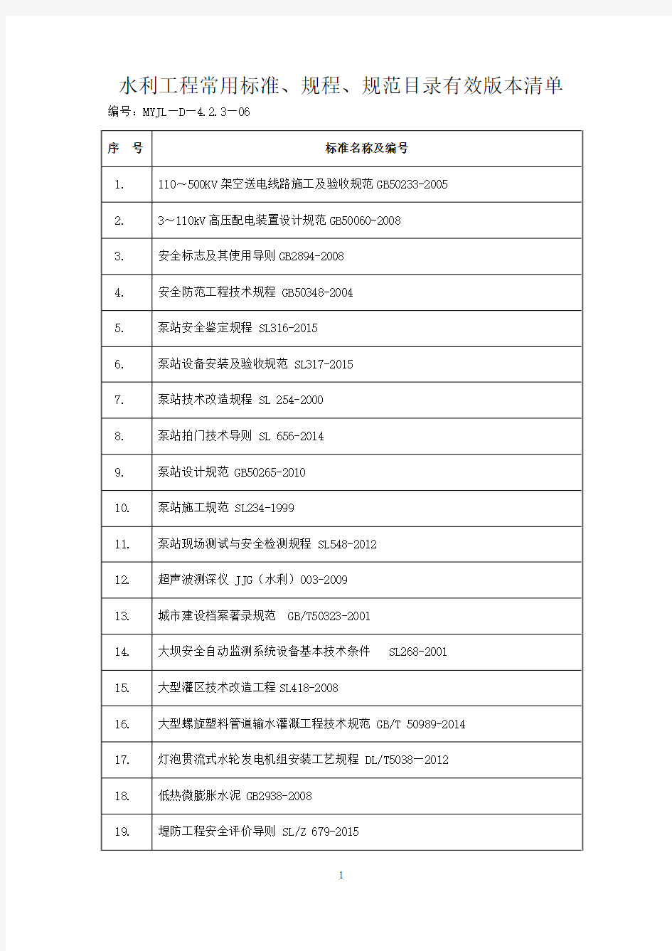 水利工程常用标准、规程、规范目录有效版本清单