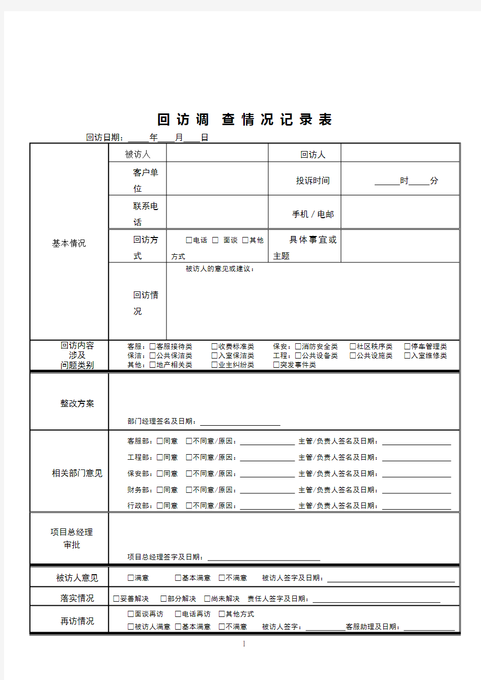 物业公司客服回访情况调查记录表