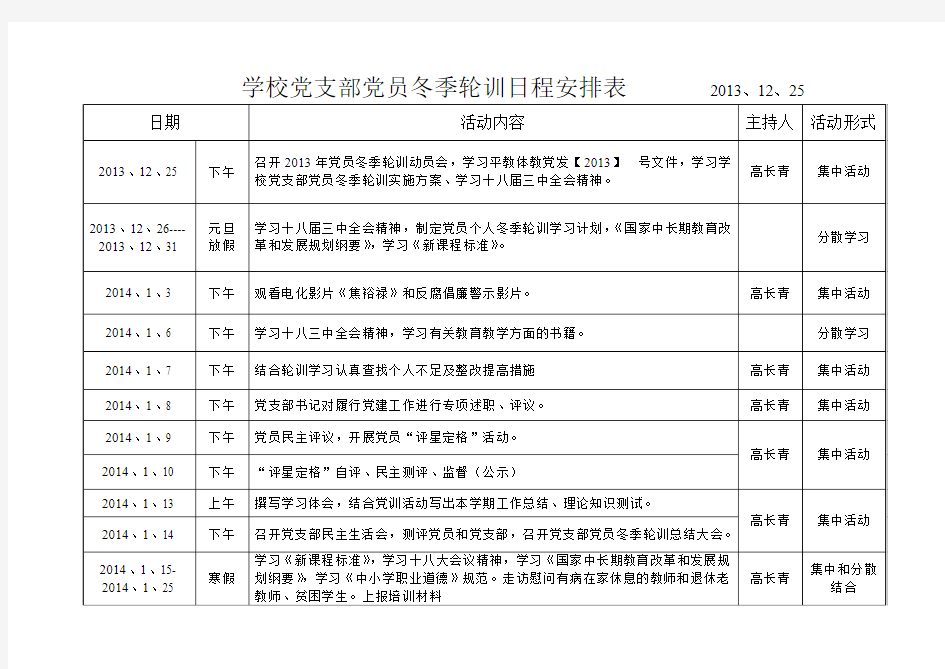 党支部党员冬季轮训日程安排表