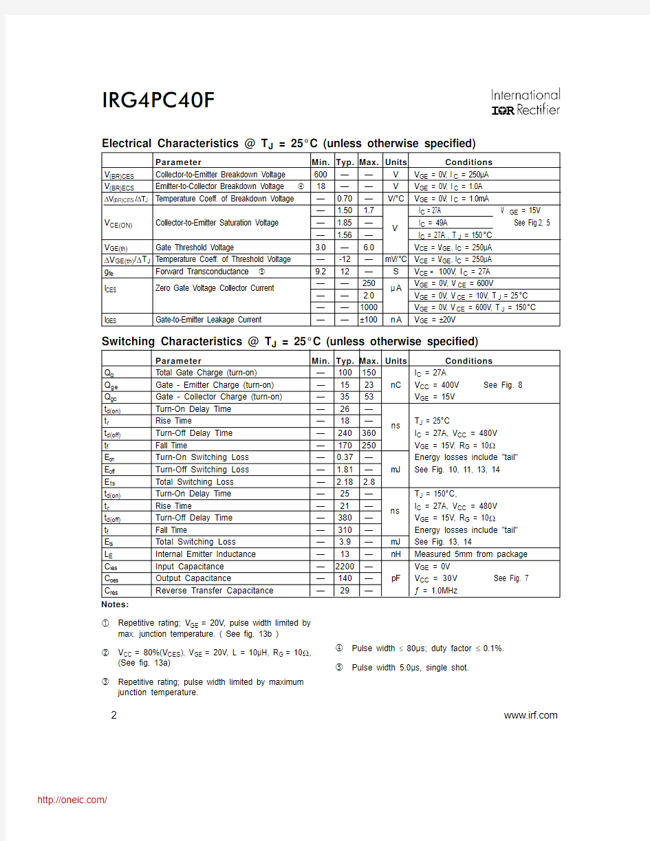 IRG4PC40F;中文规格书,Datasheet资料