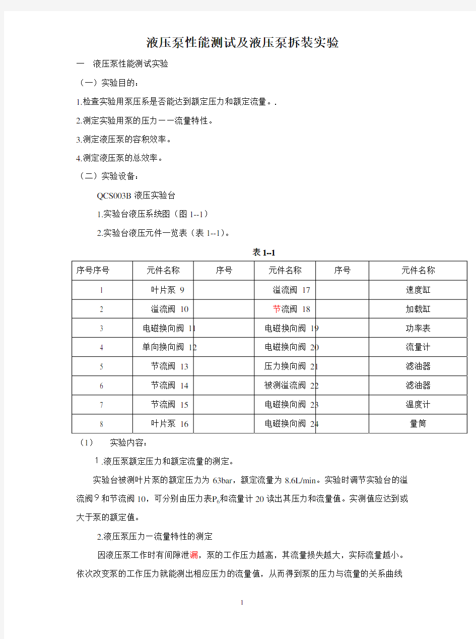 液压泵性能测试及液压泵拆装实验