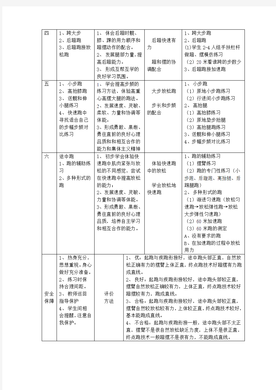 八年级快速跑单元教学计划及教案