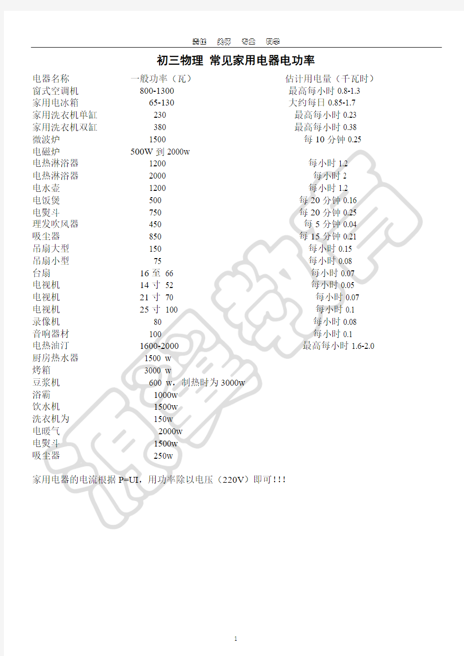 初中物理 家用电器的功率