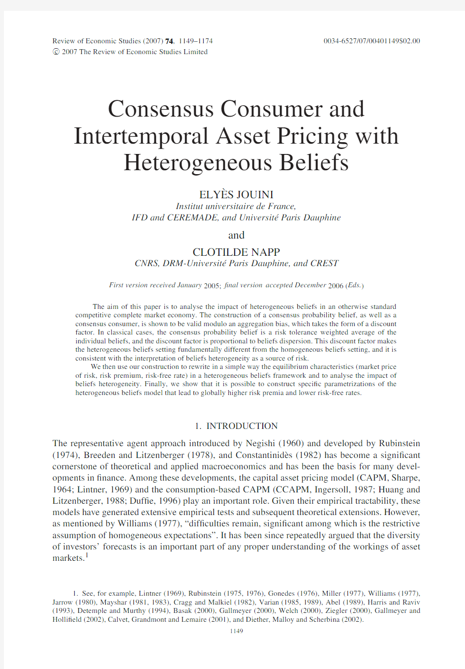 Consensus Consumer andIntertemporal Asset Pricing with Heterogeneous Beliefs