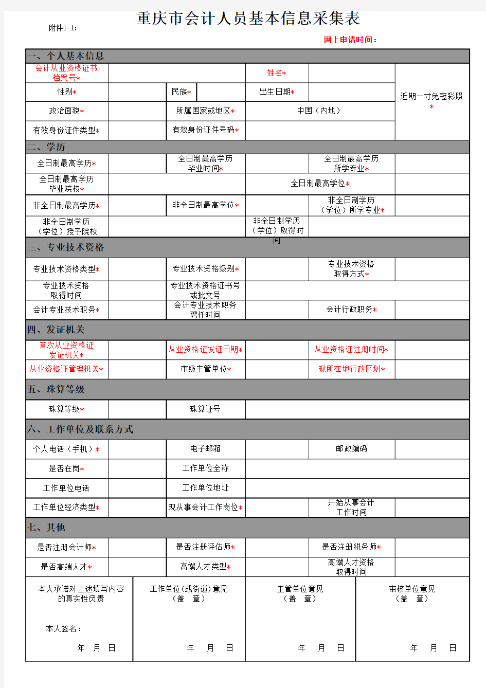 重庆市会计人员基本信息采集表