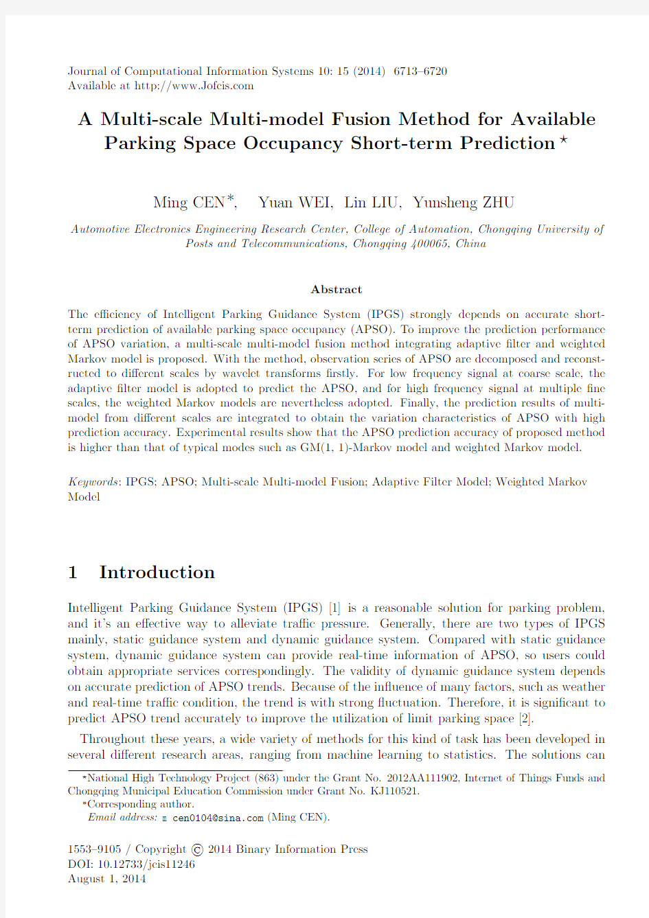A Multi-Scale Multi-Model Fusion Method for Available Parking Space Occupancy Short-term Prediction