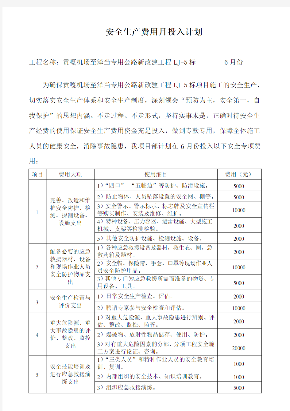 安全生产费用月使用计划