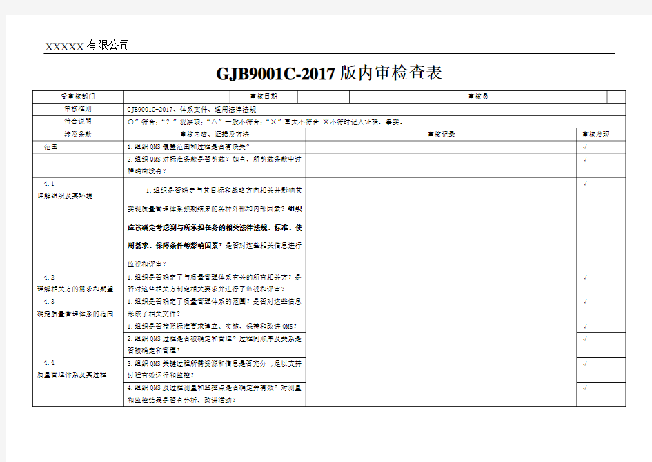 新版国军标内审表模板GJB9001C-2017内审检查表