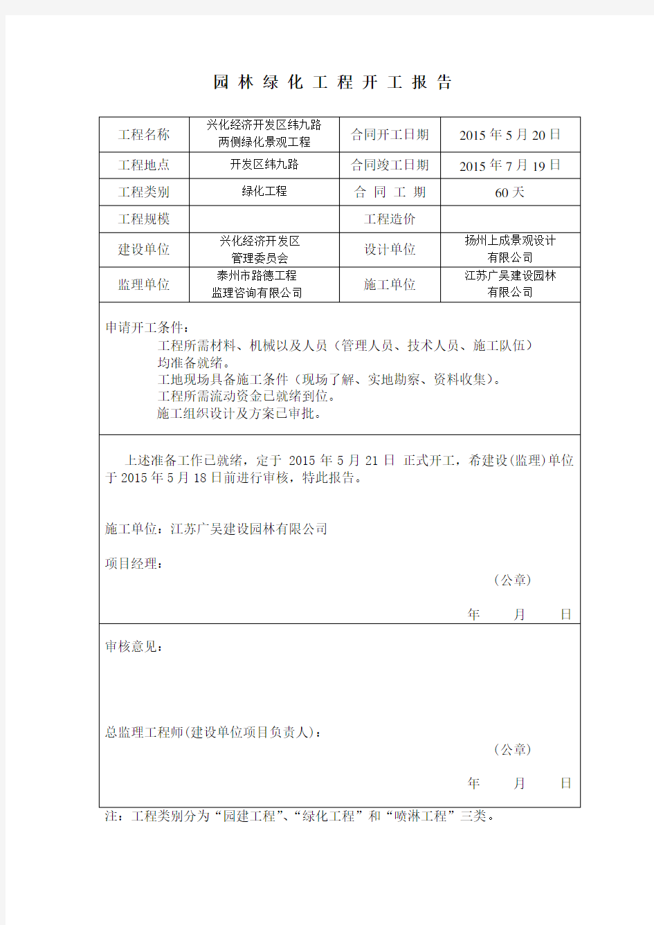 园林绿化工程开工报告