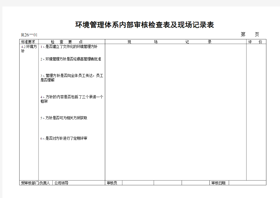 环境管理体系内部审核检查表及现场记录表