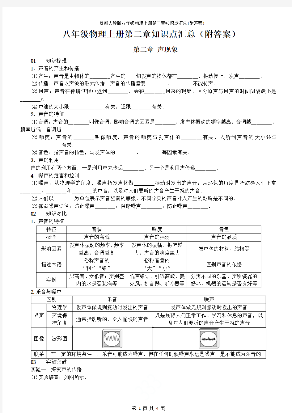 最新人教版八年级物理上册第二章知识点汇总(附答案)