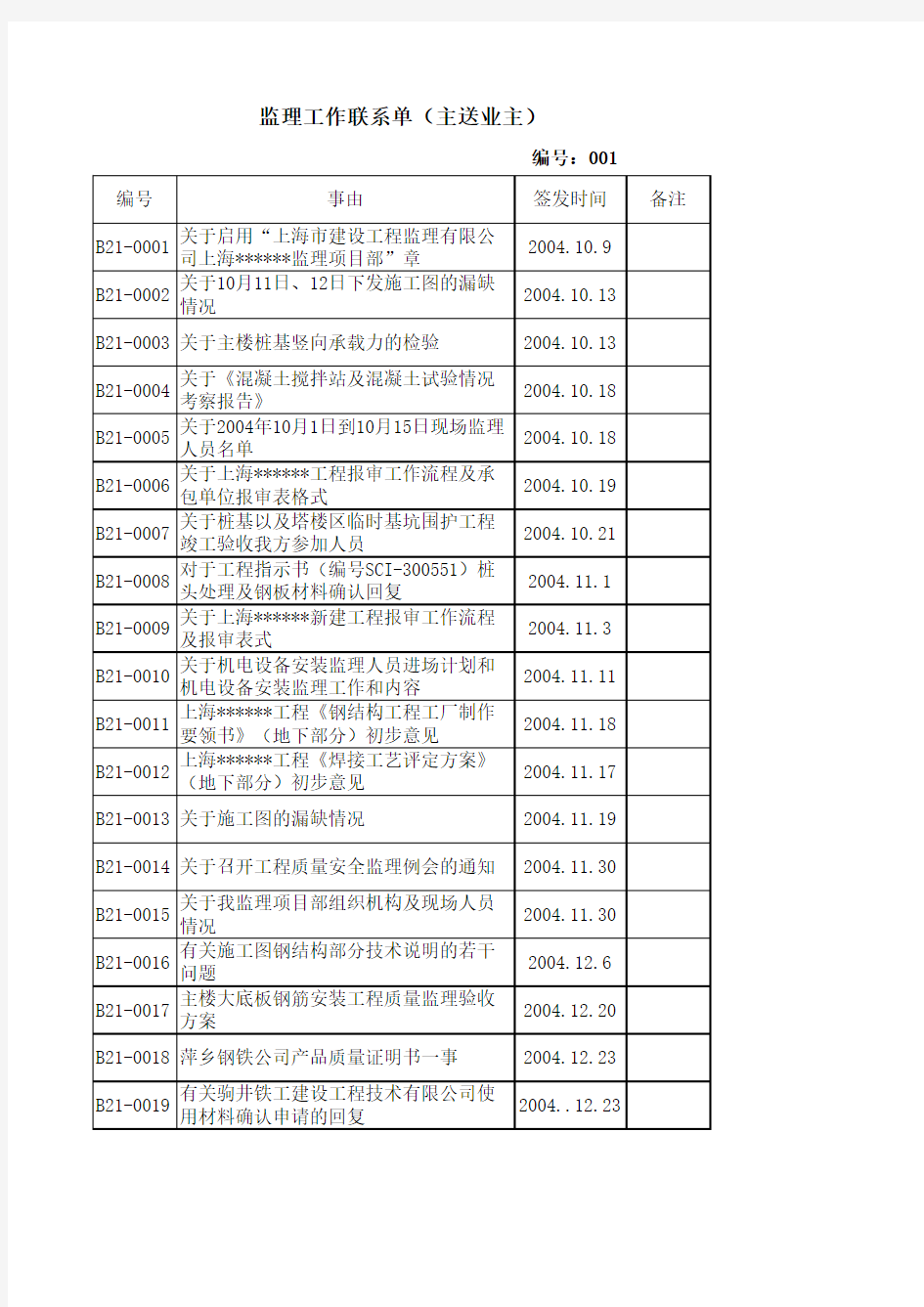 监理工作联系单汇总表