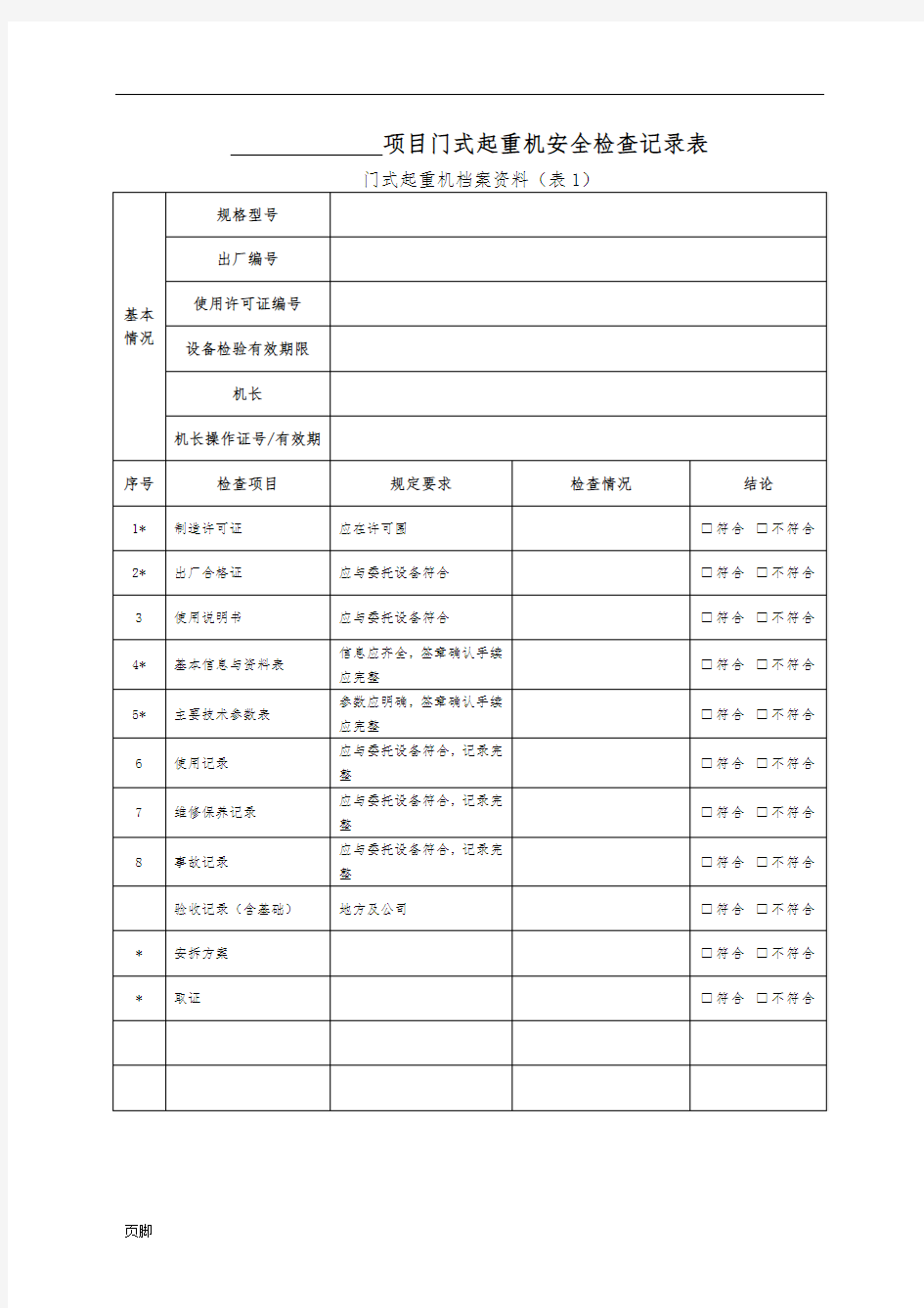 门式起重机安全检查表