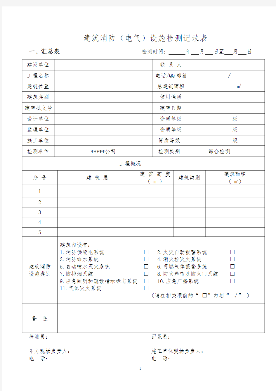 消防设施检测记录表