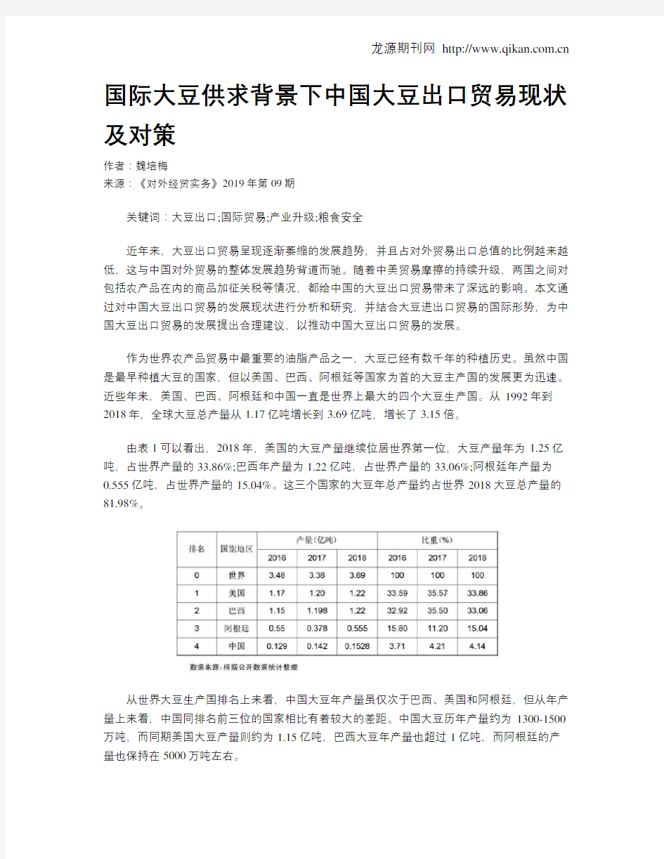 国际大豆供求背景下中国大豆出口贸易现状及对策