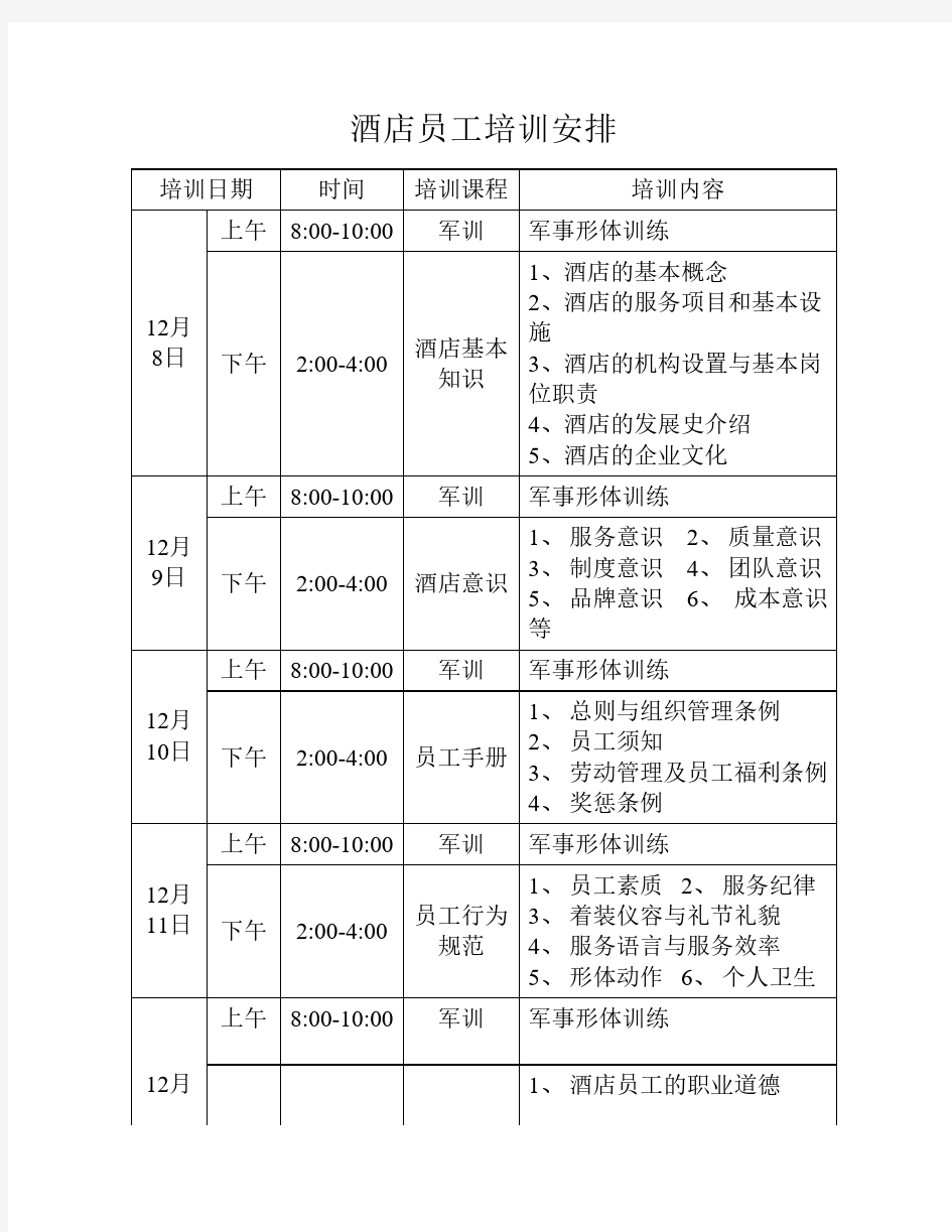 酒店新员工入职培训安排