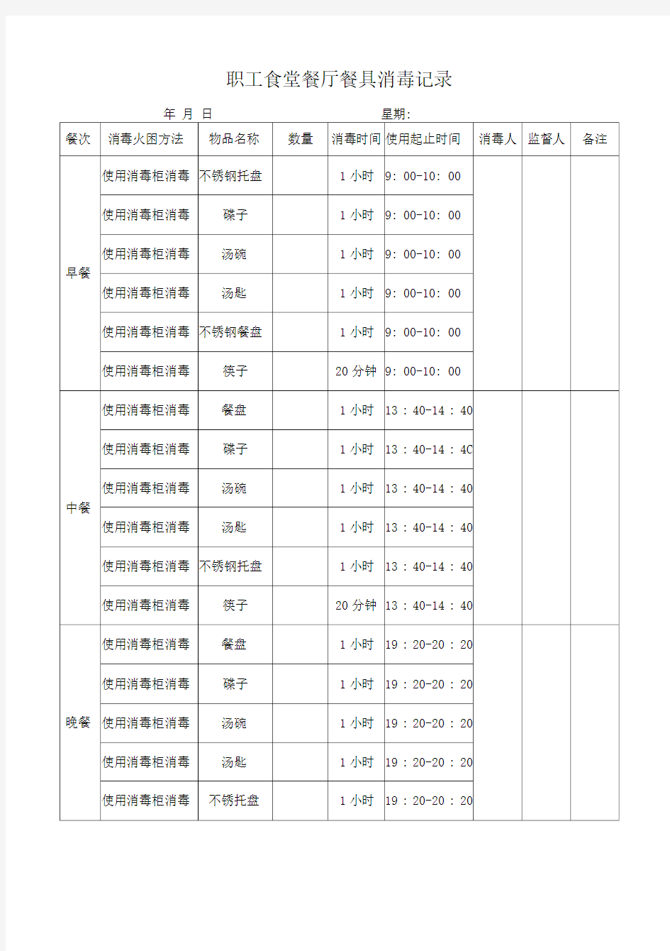 职工食堂餐厅餐具消毒记录表精品范本