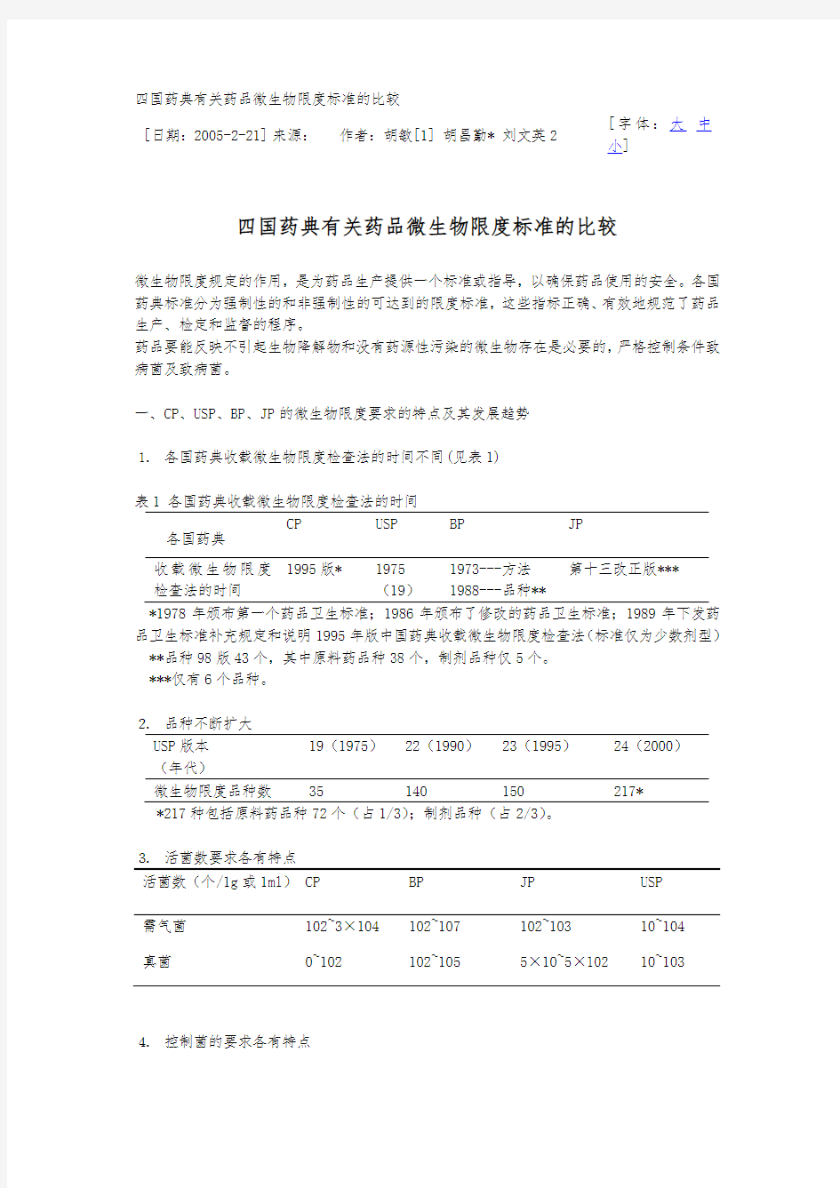 中、日、美、英四国药典有关药品微生物限度标准的比较