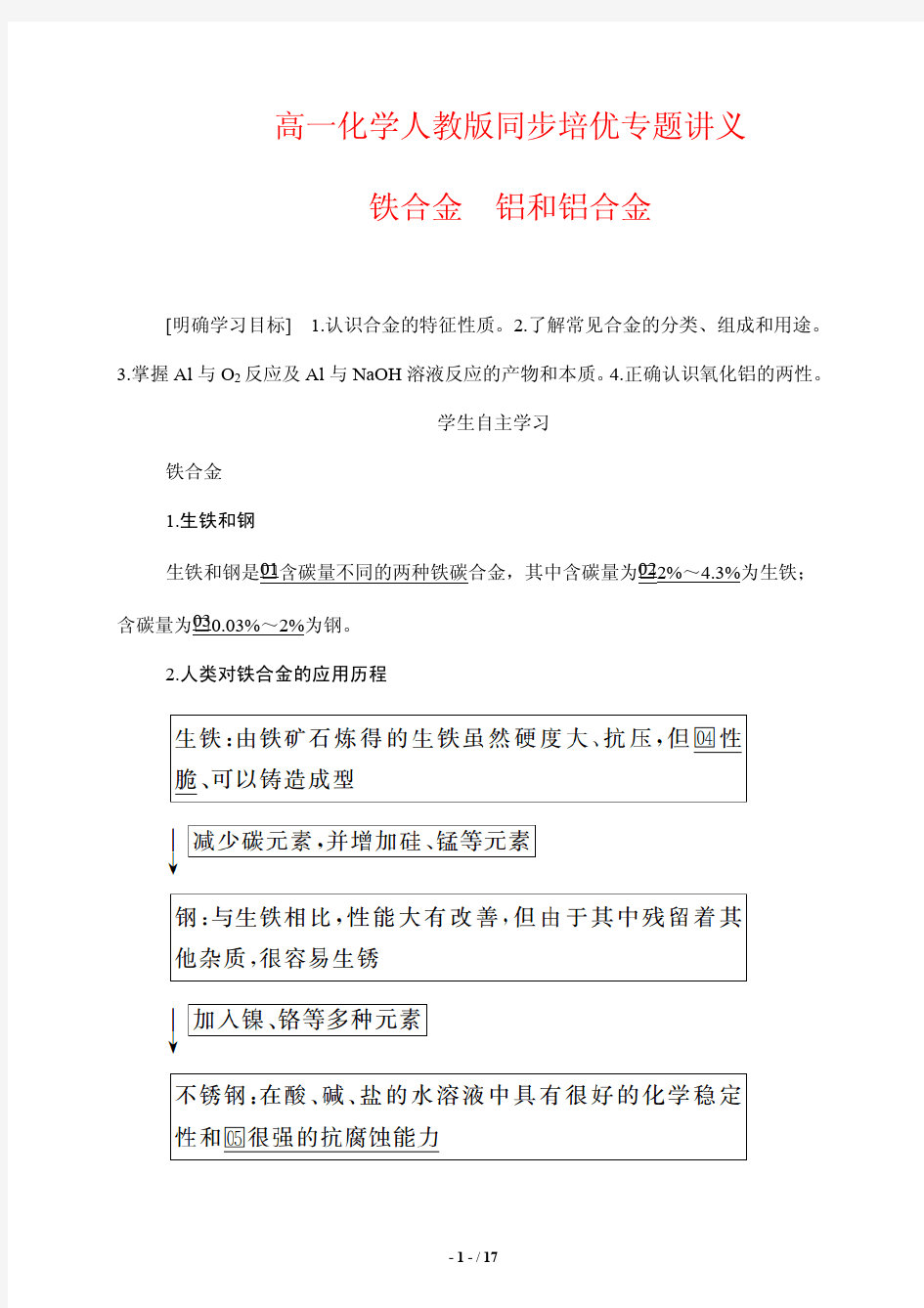 高一化学人教版同步培优专题讲义8---铁合金 铝和铝合金