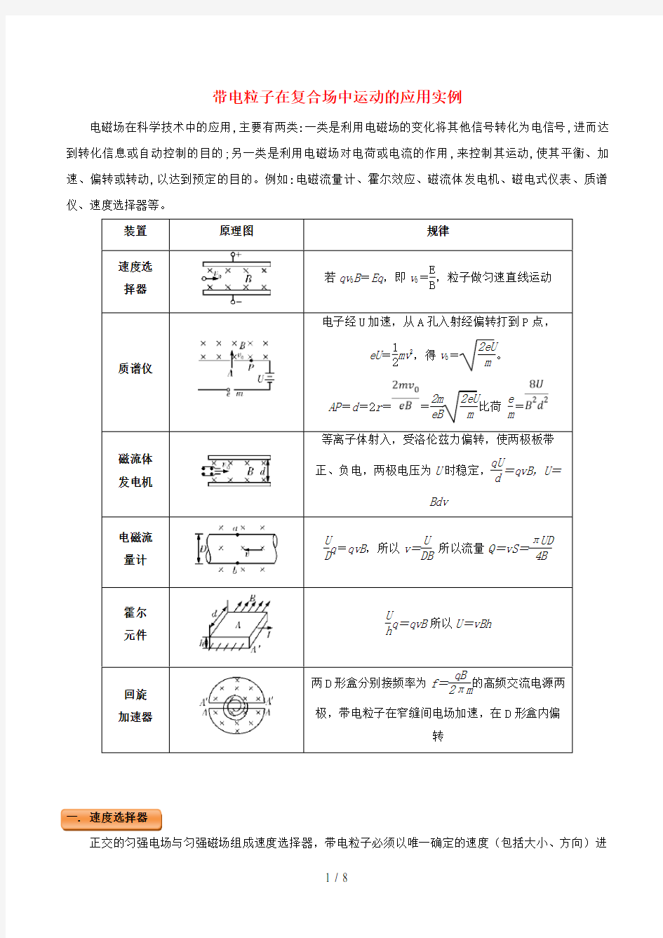 高中物理磁场(三)带电粒子在复合场中运动的应用实例