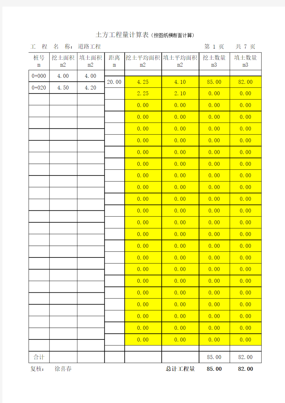 道路土方工程量计算表(图纸横截面面积)