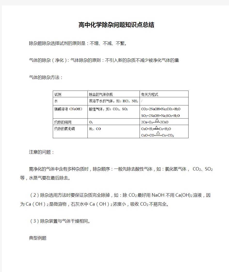 高中化学除杂问题知识点总结