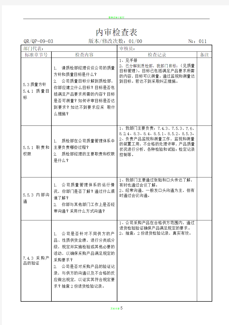 质量部门内审检查表