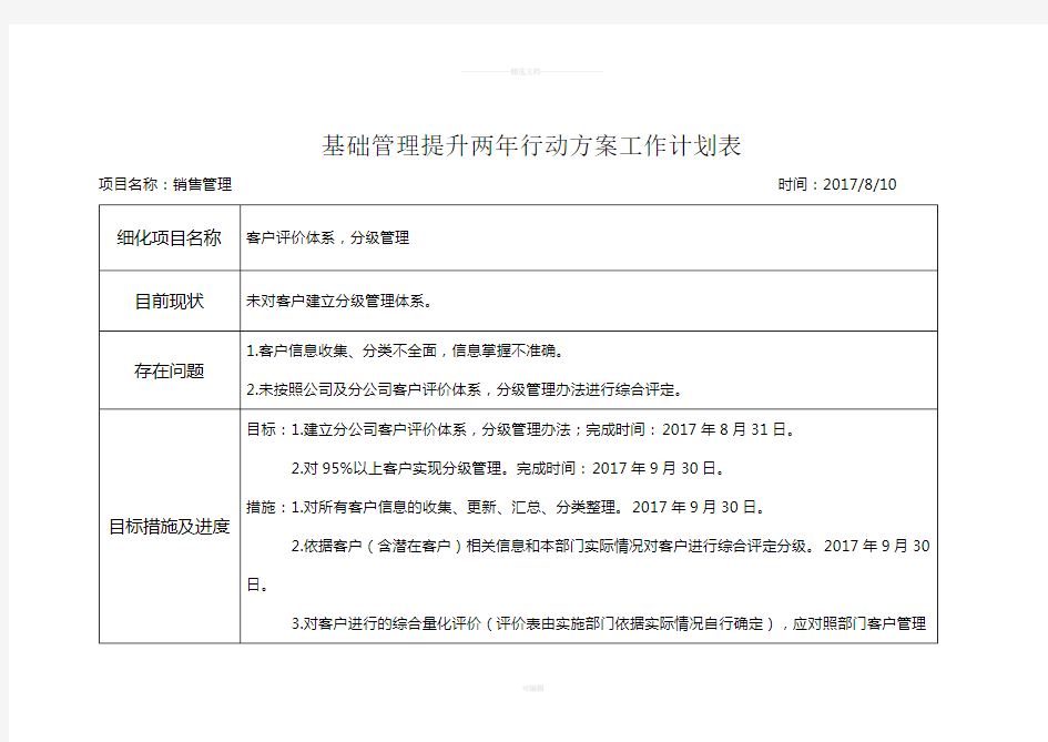 基础管理提升方案工作计划表